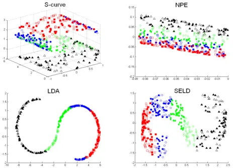Figure 3.1: Examples of feature extraction by LDA, NPE and the proposed SELD method.