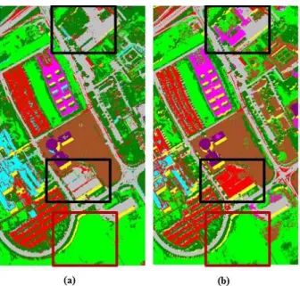Fig. 15. Comparison between classification maps obtained by (a) DAFE (OA=97.00%) and (b) NWFE (OA=97.58%) by using RF classifier (with 200 trees) based on Fig
