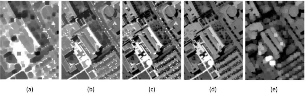 Fig. 1. a) Morphological closing b) Closing by reconstruction c) Original VHR panchromatic image d) Opening by reconstruction e) Morphological opening.