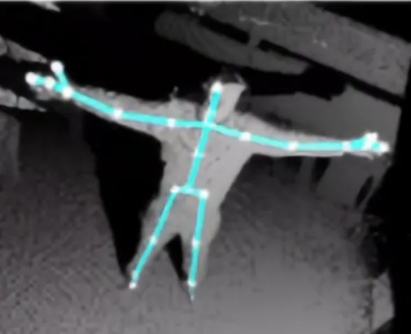 Figure 6. Example skeleton representation obtained from Microsoft Kinect v2 (overlaid on the depth image)