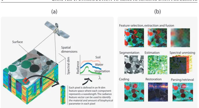 Figure 1.1: The concept of imaging spectroscopy. Airborne/Spaceborne imagery is acquired, com- com-pressed, preprocessed and analyzed