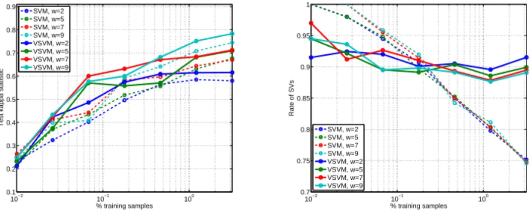 Figure 4.5: Kappa statistic κ (left) and SVs rate [%] (right) as a function of the number of training samples and window size w.