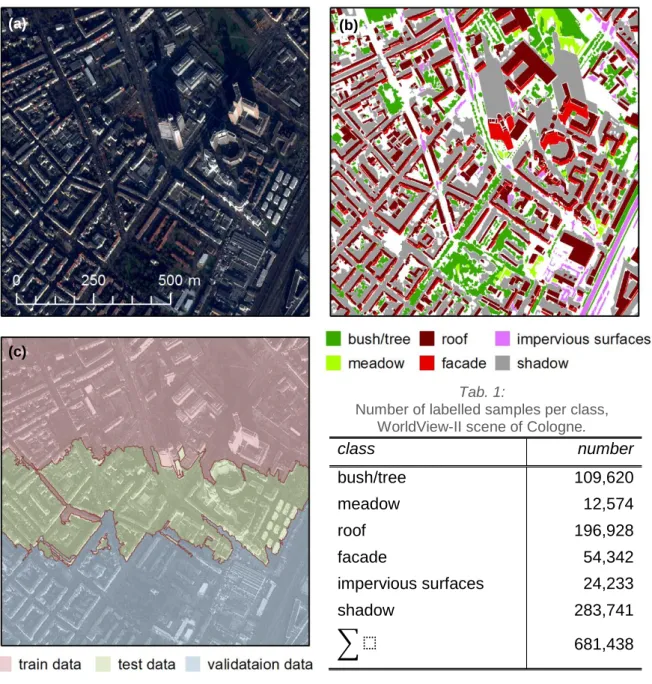 Fig.  10:  Data  foundation,  WorldView-II  scene  of  Cologne,  Germany.  (a)  Scene  subset  under  investigation