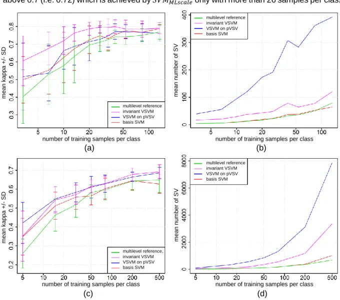 Fig. 11: Classification results for experiments considering scale invariance. (a), (b): two-class setting