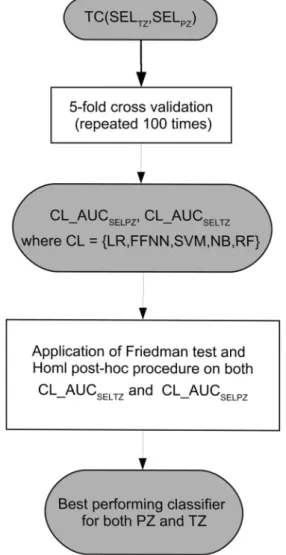 Fig. 4 Flow diagram outlining the model validation strategy used in the study. SEL TZ , subset of feature selected for the transition zone; SEL PZ , subset of feature selected for PZ; AUC SELPZ , area under the curve obtained on PZ obtained using the selec