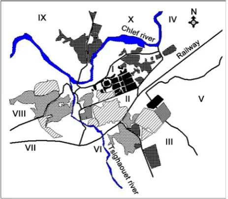Figure 1. Identification of the ten El Asnam sectors for CTC survey (adapted fromcollapse—black solid fill, very heavy damage—dark checkerboard pattern, heavy dam-age—dark diagonal line pattern, moderate damage—lighter diagonal line pattern and  [37]): sli