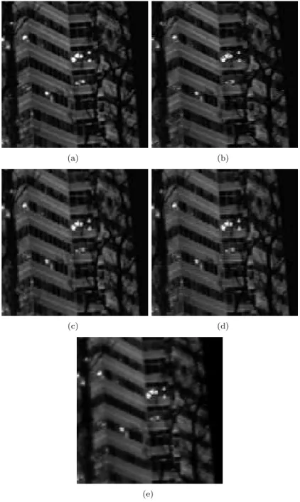 Figure 3.4: The sequence Building with tilting camera motion. (a) Original progressive, deinterlaced with (b) EA , (c) LAV, (d) variational MA, and (e) variational MC, which is very close to the original (a bit smoother due to  de-noising)