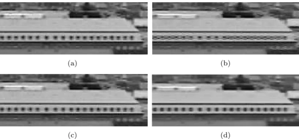 Figure 3.6: Cutout of Copenhagen Pan deinterlaced with (a) MA1, (b) MA2, (c) our variational MA, and (d) our variational MC
