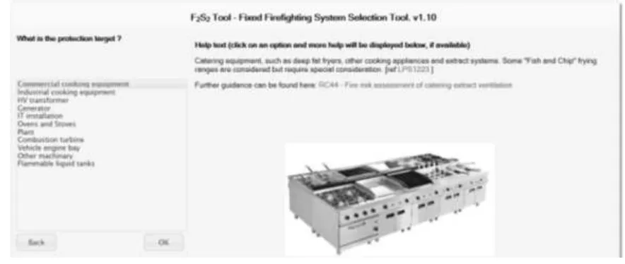 Figure 6 - Example of Graphical User Interface – displaying „object‟ protection scenarios and help text and graphic for „Commercial cooking equipment‟  