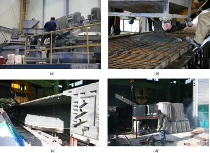 Figure 3. Fabrication of precast UHPC segments. (a) UHPC batch plant; (b) Casting UHPC into first segment; (c) First seg-ment at completion; (d) Form of 2nd segment for match casting