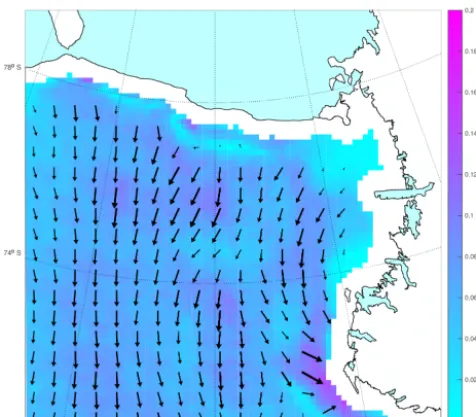 Figure 7. Mean sea ice motion vectors in the Ross Sea region. Ar-rows indicate the mean sea ice drift vector over a 100 × 100 kmregion