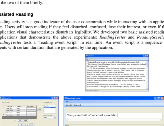 Fig. 1: ReadingTester (a) Set Up, (b) Text Page (c) Script Screen (d) ReadingScroller 