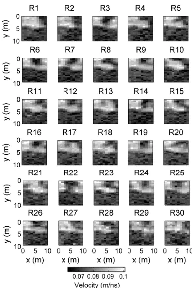 Figure  2-5:  30  tomographic  reconstructions  of  radar  wave  propagation  velocity  distributions  achieved  by  fully  non-linear   self-organizing inversion (Paasche, 2015)