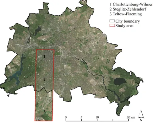 Figure I-4: Study region along Berlin’s urban-rural gradient (Background: Digital orthophotos; Source: World  Imagery, Esri)
