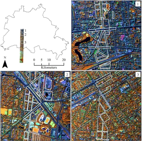 Figure II-1: HyMap footprint covering a subset of Berlin’s urban gradient (R = 833 nm, G = 1652 nm, B =  632 nm) and validation areas 1-3 (white polygons indicate urban blocks used for validation)