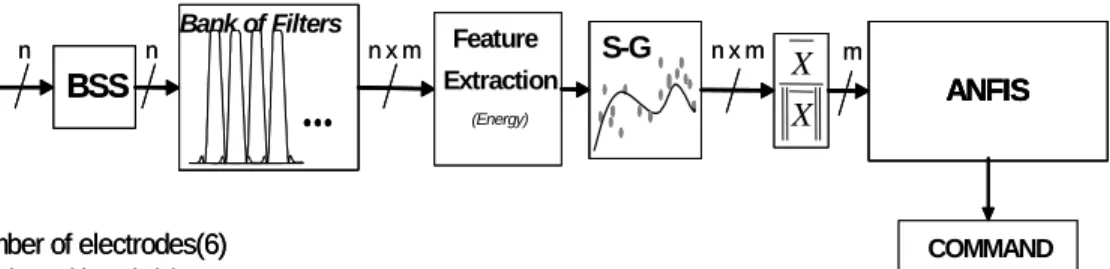 Fig. 2 Conceptual scheme of the proposed real –time BCI system. The system consists of  a BSS (Blind Source Separation) module for automatic rejection of artifacts and noise,  a bank of (narrow band pass) filters to enhance the first harmonics of the SSVEP