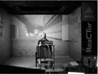 FIGURE 1. A participant in the virtual street, connected to the BCI equipment, inside the Cave-like system.