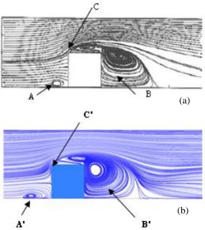 Fig. 6.  Streamlines on plane z/H=0;(Reh=8,0 × 104); (a) Exp. [2] (see Ref. [21]), and (b) k −ωSST