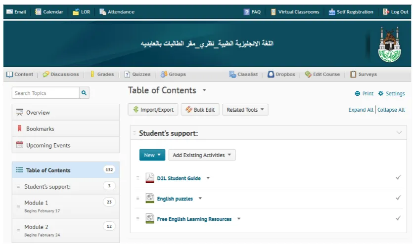 Figure 2. Students’ Support Section on the VLE 