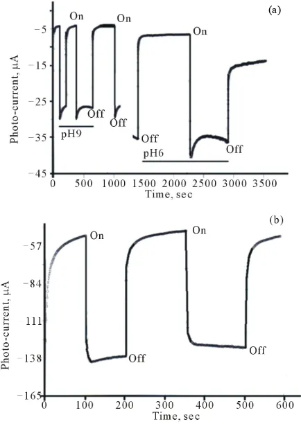 Figure 5. (a) Current-time plot for thin film of CdS/PTTh on FTO at 0.400 V vs Ag/AgCl in 0.2 M Phosphate buffers time plot for thin film of CdS/PTTh on FTO at 400 V vs Ag/AgCl in 0.2 M Phosphate buffers and 10 mM of [Fe(CN)and 10 mM of [Fe(CN)6]4– at diff