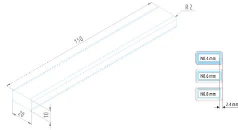 Figure 1. Solid model for fabrication of the testing sample and cross-sections of samples printed with 0.4, 0.6, and 0.8 mm nozzles  