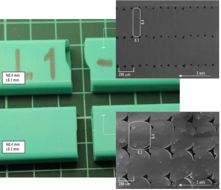 Figure 3. Appearance (left) of typical samples with relatively small (top) and relatively large (bottom) layer thickness and SEM images of their cross-sections (right) 