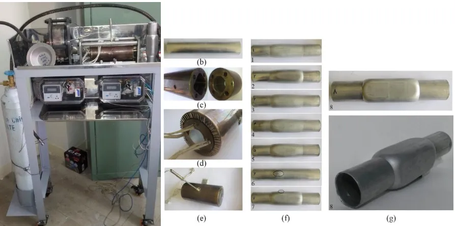 Fig. 2. Experimental setup (a) constructed setup (b) unformed tube (c) die (d) die and heaters (e) temperature sensor location (f) unsuccessful forming attempts (g) satisfactory forming