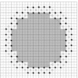 Fig. 1.  Discretized unit cell of a typical phononic crystal. The solid and hollow circles represent interfacial grid and half-grid points, respectively