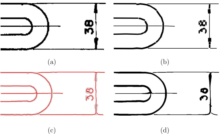 Figure 4.15: Principally designed for organic and cartoon images, structuralvectorization can also be applied to architectural or engineering drawings (a).Compared with a basic line-based vectorization method (b) [55], structuralvectorization produces comparable structural data (c), and performs betteron curved lines (d).