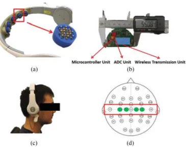 Fig. 2. Wireless and portable EEG device. (a) Dry electrodes. (b) Wireless EEG acquisition system, which consisting a preampliﬁer, a ﬁlter, a  microcon-troller, and a wireless module