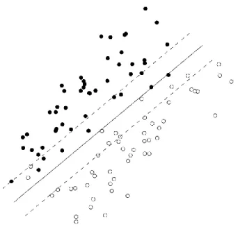 Figure 8: Linear discriminator using support vector machine with some value γ is shown with solid line