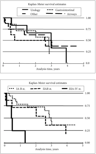 Fig. 2. Patient survival from secondary lung cancer by stage of lung cancer. Statistically sig-nificant survival difference was obtained between the patients with IA-IIB st