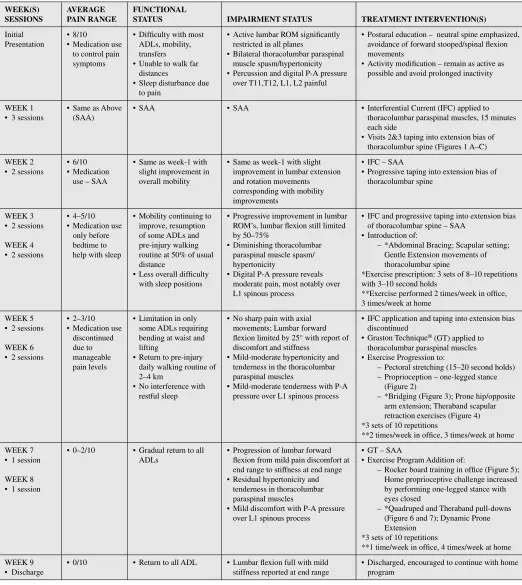 Table 1 Overview of average pain range, functional status, impairment status, and treatment interventions