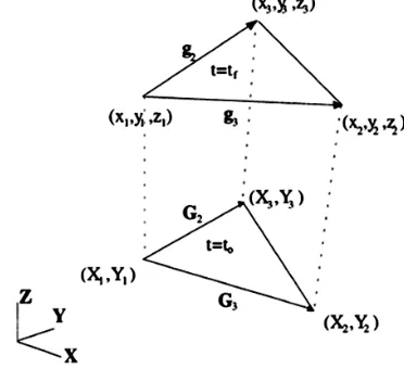 Fig. 1.  Triangular membrane elements of the initial and final shapes.   