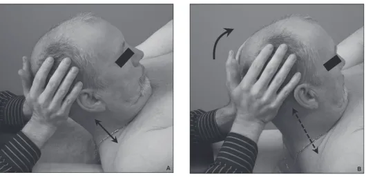Figure 2 Cervical paraspinal PIR is performed (in this case) with the patient supine, while the doctor slowly lifts instructed to relax while the doctor lifts the patient’s head a little further towards the ceiling (B)
