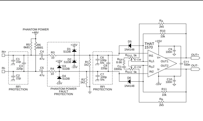 Figure 8. 1570 Typical Phantom Power Application Circuit With Dual-Gang Pot for Gain Control, AC-Coupled R G