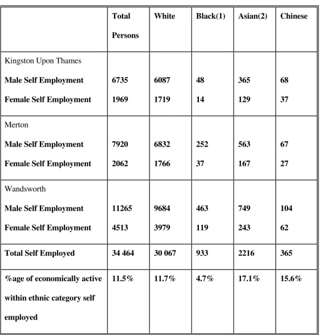 Table 2: Self Employment Figures for Males and Females in Kingston, Merton and Wandsworth  by ethnic group and self employment rates as percentage of economically active by ethnic group