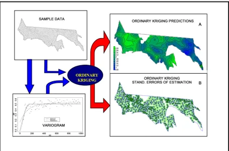 Figure 2. Diagram of the ordinary kriging process. Variogram graph illustrates three different models for spatial continuity