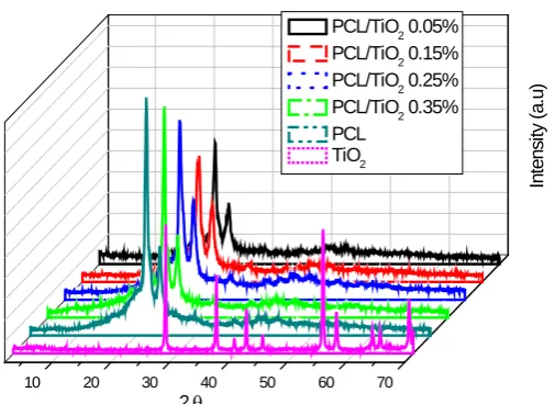 Figure 3. XRD curves of TiO2 and PCL/TiO2 hybrids. 