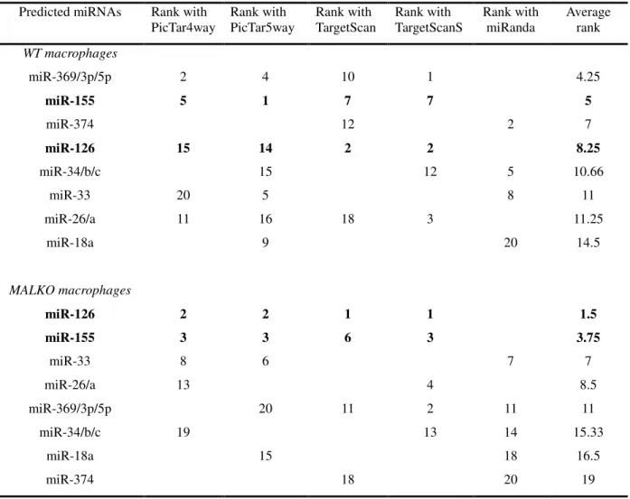 Table 2 - miRNAs predicted to be up-regulated in Macrophage cells treated with  LPS 