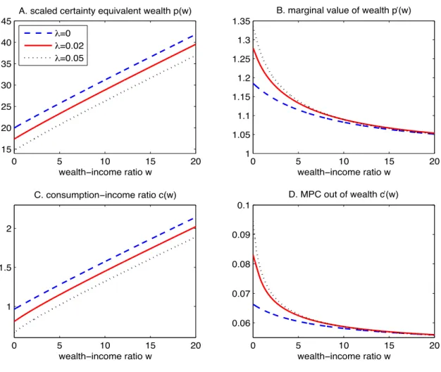 Figure 5: Large income shocks: The effects of the mean arrival rate λ. Parameter value: r = 5%, ρ = 5.5%, σ = 10%, µ = 1%, γ = 2, ψ = 0.5, and α = 3