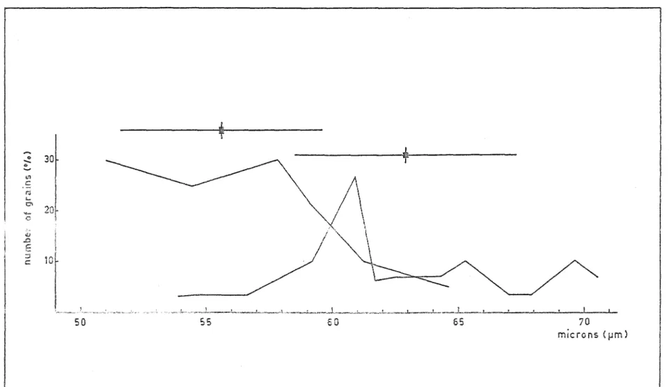 Figure  12.  Size  frequency  distributions  for  two  samples  of  Dacrydiwn  bifOl'me  pollen  measured  in  silicone  oili  short  vertical  lines  =  positions  of  means,  thick  horizontal  lines  =  standard  error  either  side  of  means, 