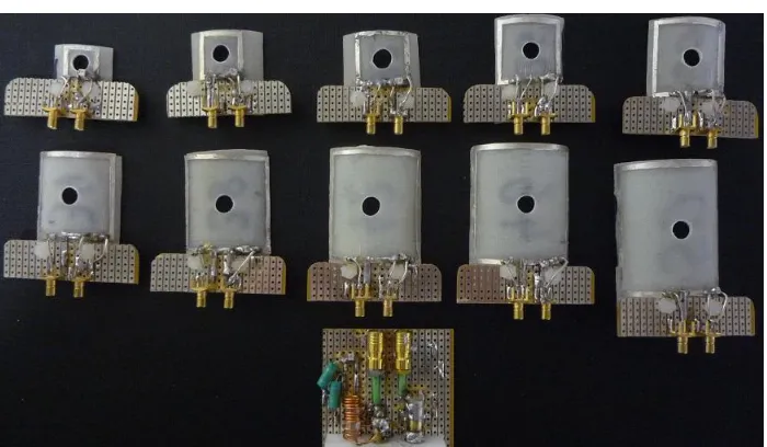 Figure 3.5:  Variable side length detector elements and the base circuit (bottom) to which every element could be connected for the transmission measurements