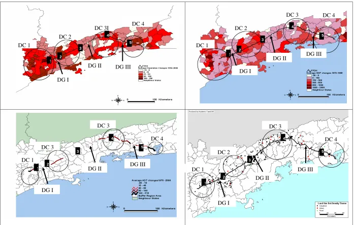 FIGURE 6 Outstanding changes along the PDH: (a) Population; (b) GDP; (c) ADT; and (d) Land Use