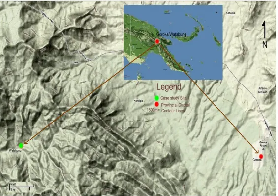 Figure 1-2: Location map of OnaKeto villages (Kenangi, Fatau and Mangiro) in Watabung District of Eastern Highlands Province where the interviews were conducted (map modified from a Google map, January 2012)
