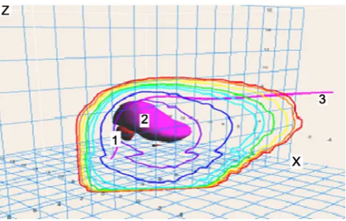 Figure 4. Some characteristics of the simulated convective cloud (of the 10 km height on the 30th minute of evolution) with volumes of large drops (1), large ice particles (2), several contours of radar reflectivity (with an interval of 5 dBZ) and one of t