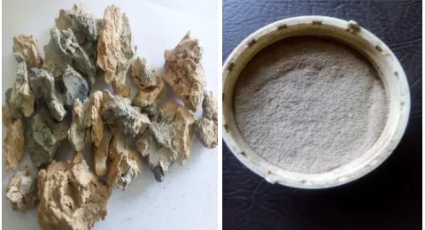 Figure 3. Typical and grinded forms of water treatment dry sludge.  