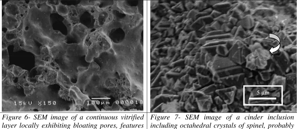 Figure 6- SEM image of a continuous vitrified layer locally exhibiting bloating pores, features indicating an increase in firing temperature