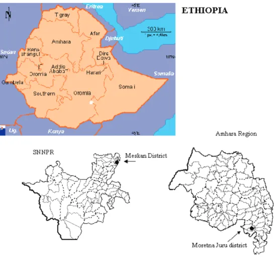 Figure 4. 1 Map of Ethiopia, the research regions and districts. 