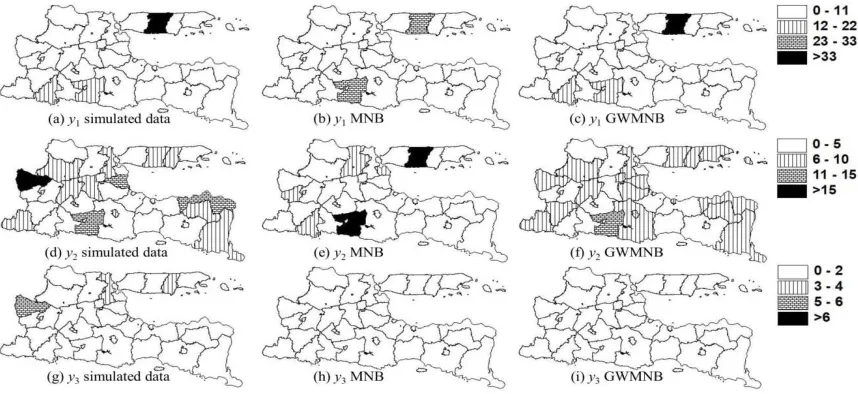 Fig. 4 The simulated data of dependent variables of multivariate spatial count data with over dispersion and their estimates using MNB and GWMNB methods   